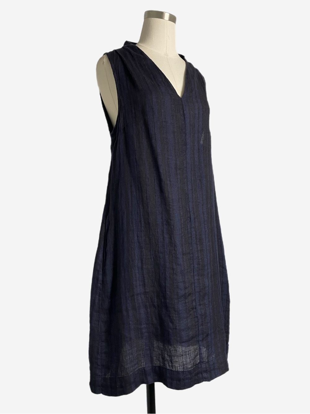 FLAX Navy black striped sleeveless v-neck shift dress linen beachy pockets XS/S - Picture 2 of 11